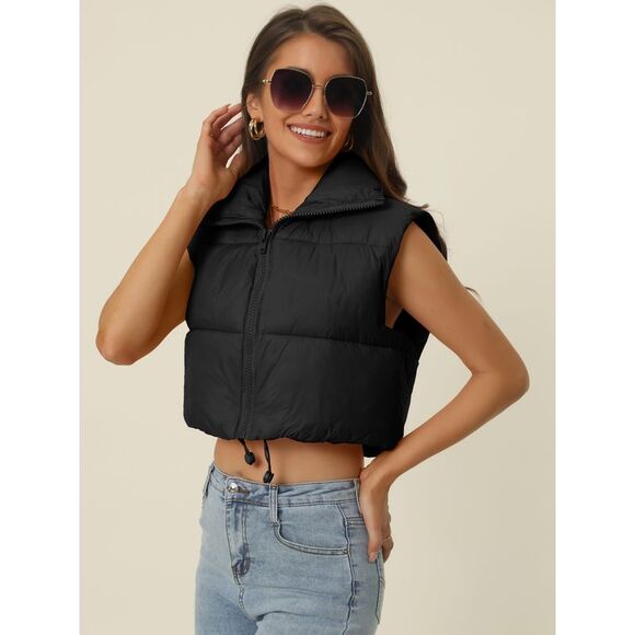 Crop Puffer Vest Lightweight Stand Collar Sleeveless Padded Gilet Coat Black - Picture 3 of 6